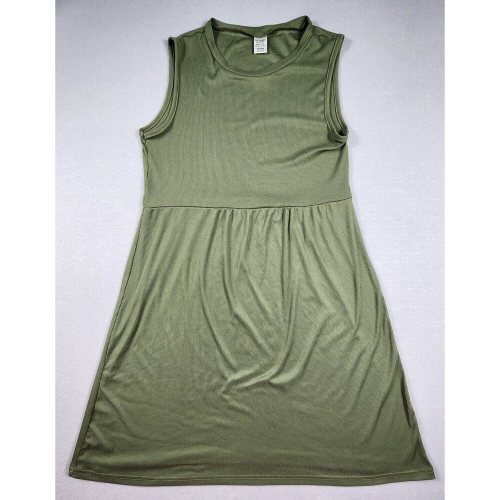 Ribbed Sleeveless Short Dress Round Neck Soft Flowy Womens Size Medium Green